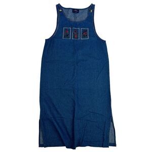 Original TY Wear Denim Blue Jean Sleeveless Dress Jumper Embroidered Flowers 14